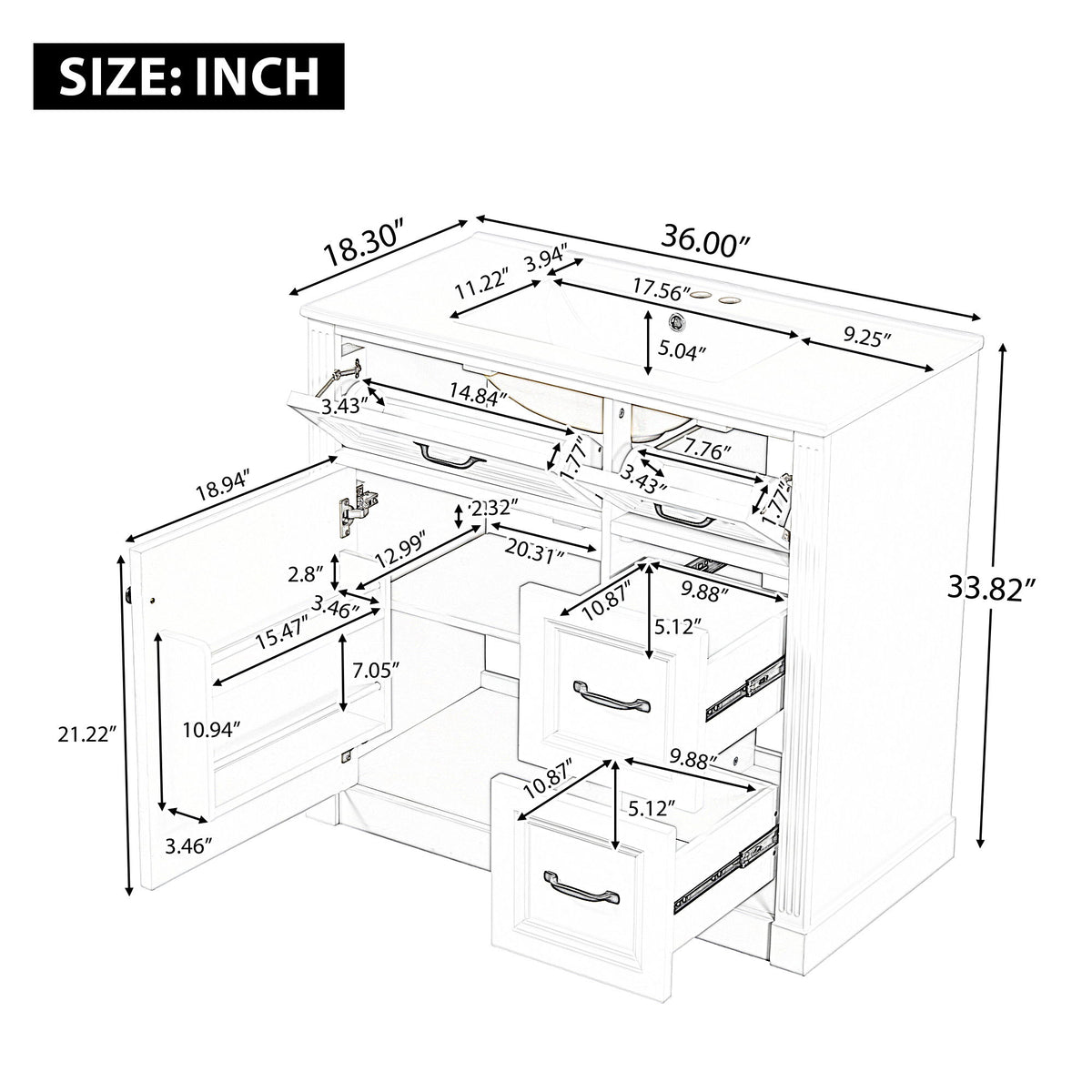 Tocador de baño moderno con lavabo, 4 cajones, puerta de cierre suave, estante ajustable
