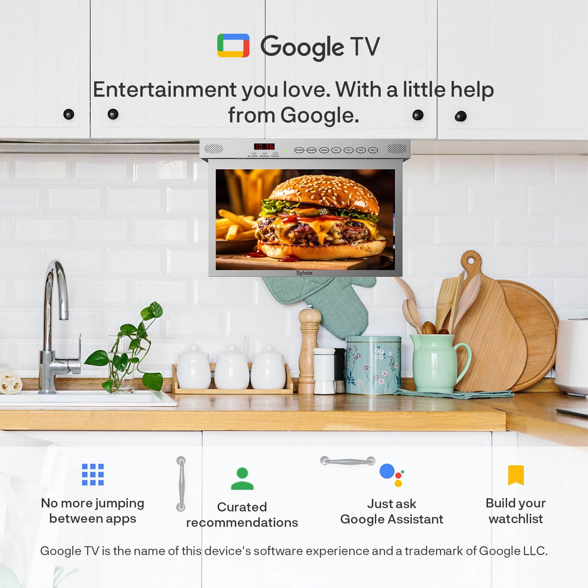 Sylvox - 15.6" Under Cabinet Smart TV, Flip Down Kitchen TV with Google TV, 1080P Display
