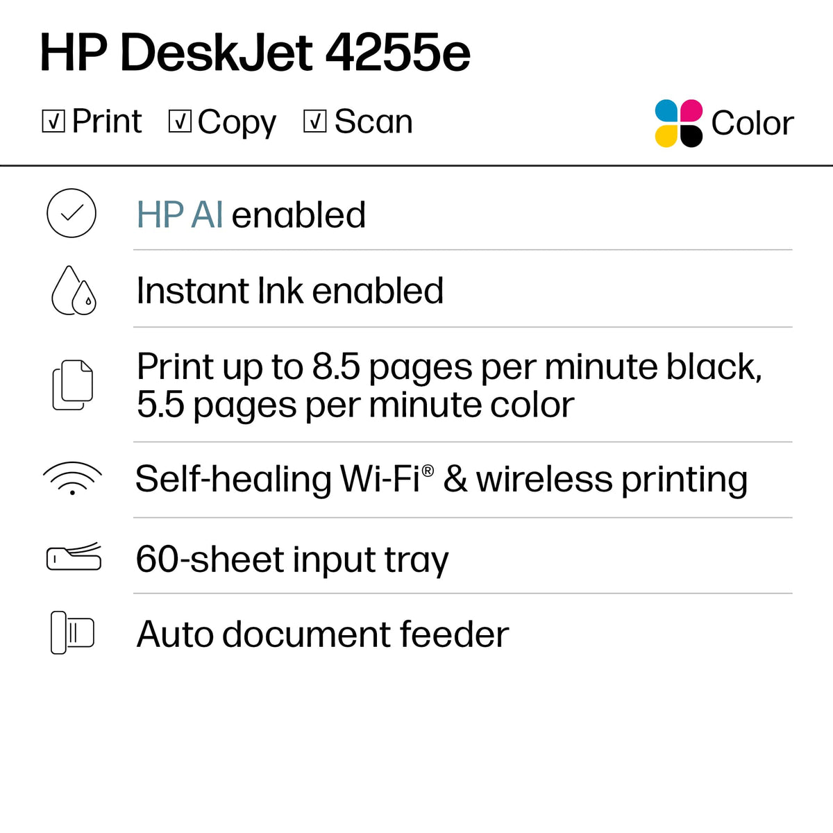 HP - DeskJet 4255e Wireless AI-Enabled All-in-One Inkjet Printer with 3 Months of Instant Ink - White