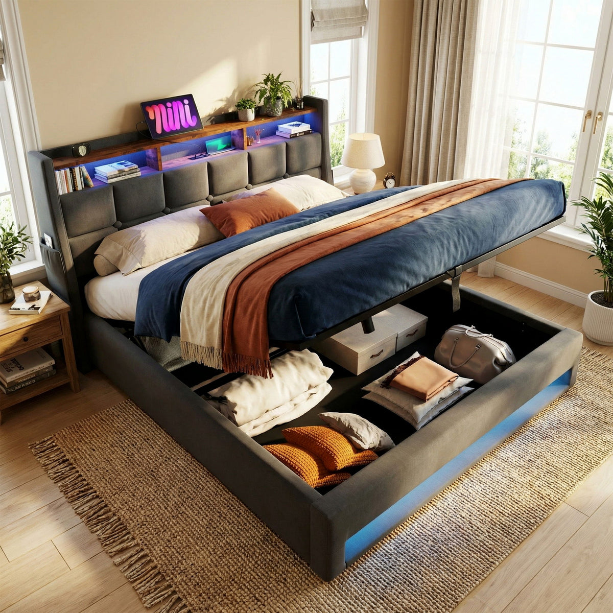 Cama con plataforma con almacenamiento hidráulico, iluminación LED y estación de carga
