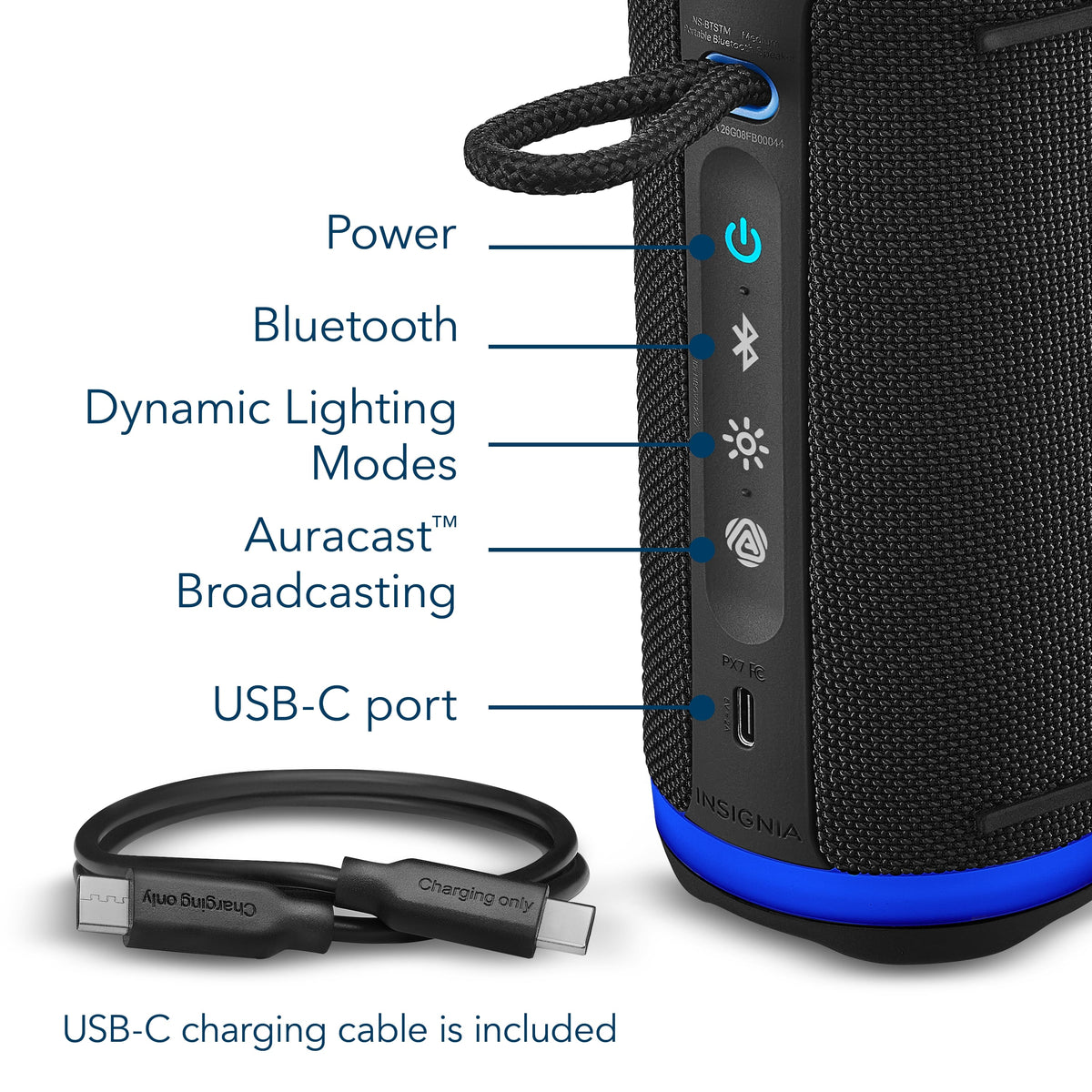 Insignia™ - Medium Waterproof Bluetooth Speaker with LED Lighting - Black