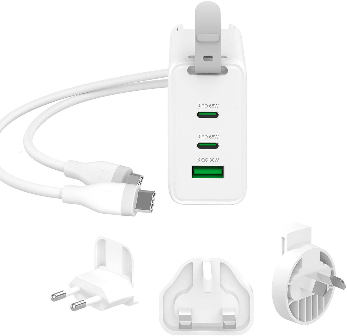 j5create - 65W GaN USB-C® 3-Port Travel Charger with changeable AC plugs and USB-C® cable - White