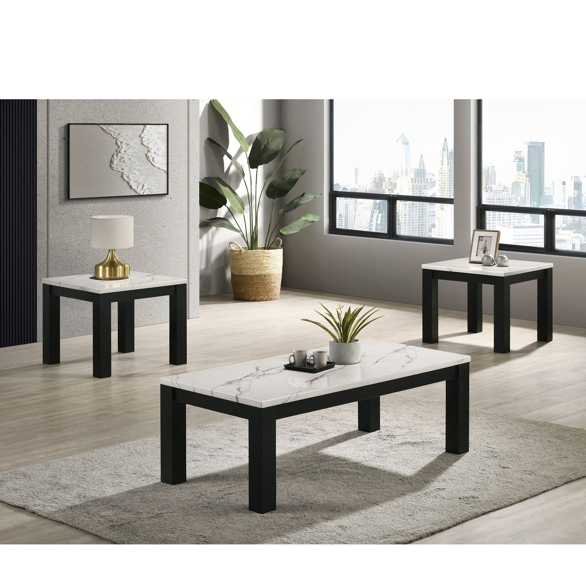 Modern 3 Piece Living Room Table Set With Faux Marble Top Wooden - Black / White