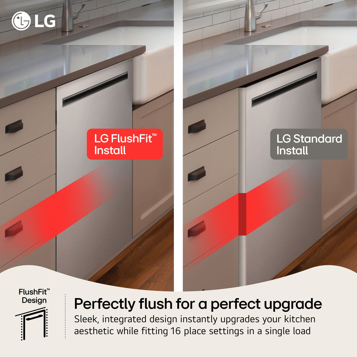 LG - FlushFit 24-in Top Control Smart Built-In Stainless Steel Tub Dishwasher with 3rd Rack, 1 Hour Wash and Dry, 42dBA - Stainless Steel