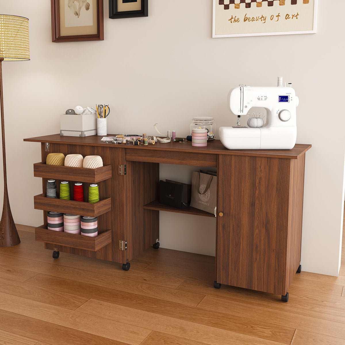 Mesa de costura plegable con ruedas bloqueables