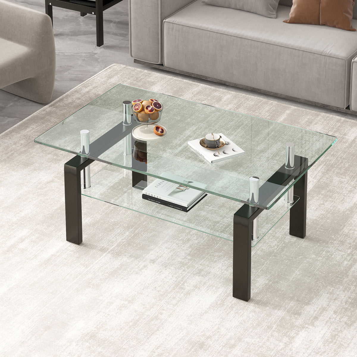 Mesa de centro de vidrio templado transparente, mesa de centro de 2 niveles para sala de estar - Negro