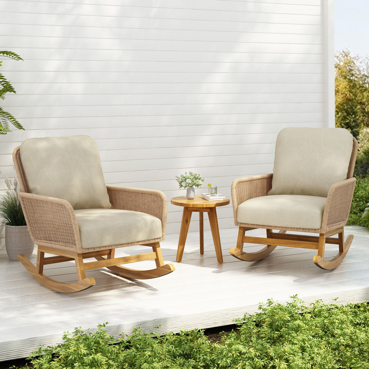 Modern 3 Piece Outdoor Seating Set With Cushioned Rattan Rocking Chairs And Wooden Accent Table