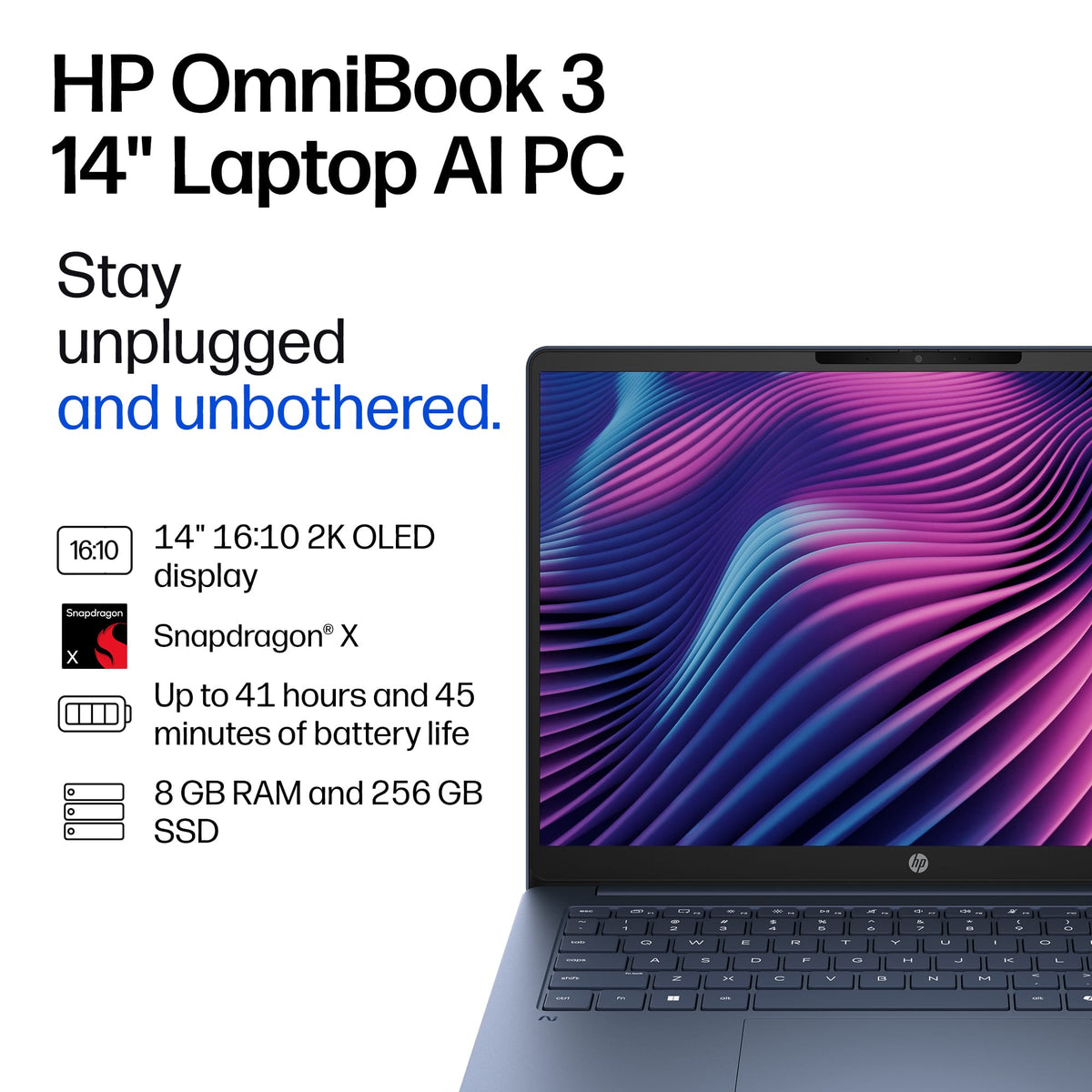 HP - OmniBook 3 - 14" 2K OLED Laptop - Snapdragon X (8-core) - 8GB Memory - 256GB SSD - Starlit Blue