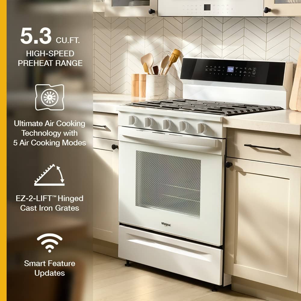 Whirlpool - 30 in. Wide 5 burners 5.0 cu. ft. Smart Freestanding Gas Range with Air Cook Technology, No Preheat Air Fry, Steam Clean - White