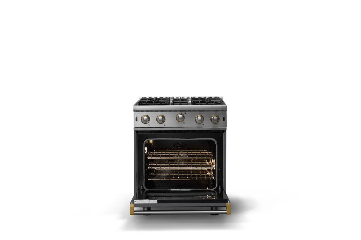 Viking - 30"W. 4.0 Cu. Ft. Freestanding Self-Clean Open Burner Gas Convection Range - Cast Black w. Brushed Brass Trim - Cast Black