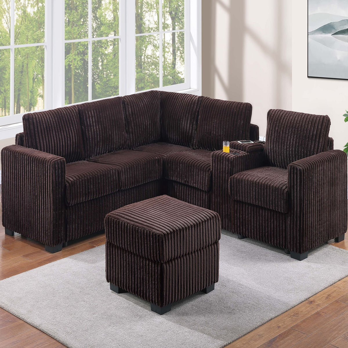 Conjunto de sofá seccional contemporáneo en forma de L con consola USB y otomana