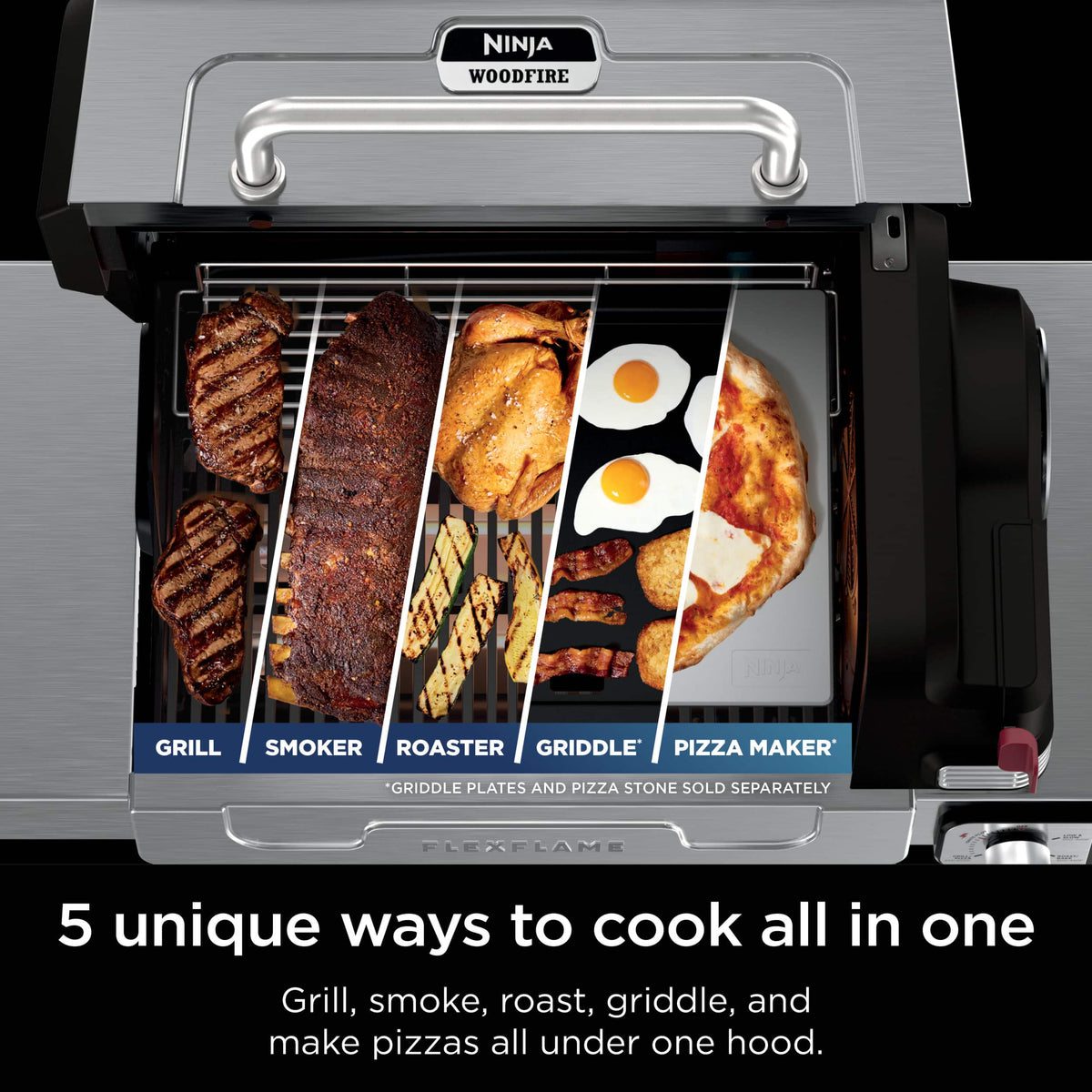 Ninja - FlexFlame Electric & Propane Grill, 5-in-1 Outdoor Cooking System - Stainless Steel