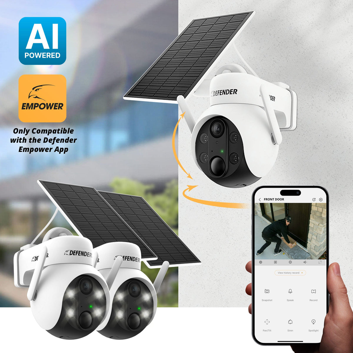 Defender - Solar Powered 4K AI Everwatch Wireless Security PTZ Camera with 3W Solar Panel, AI Detection, 2 Pack - White
