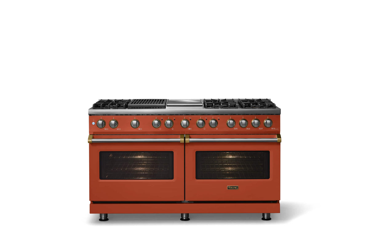 Viking - 60"W. 8 Burner Pro 5 Series 9.4 Cu. Ft. Freestanding Sealed LP Dual Fuel ConvectionRange with Brushed Brass Trim - Spiced Cider