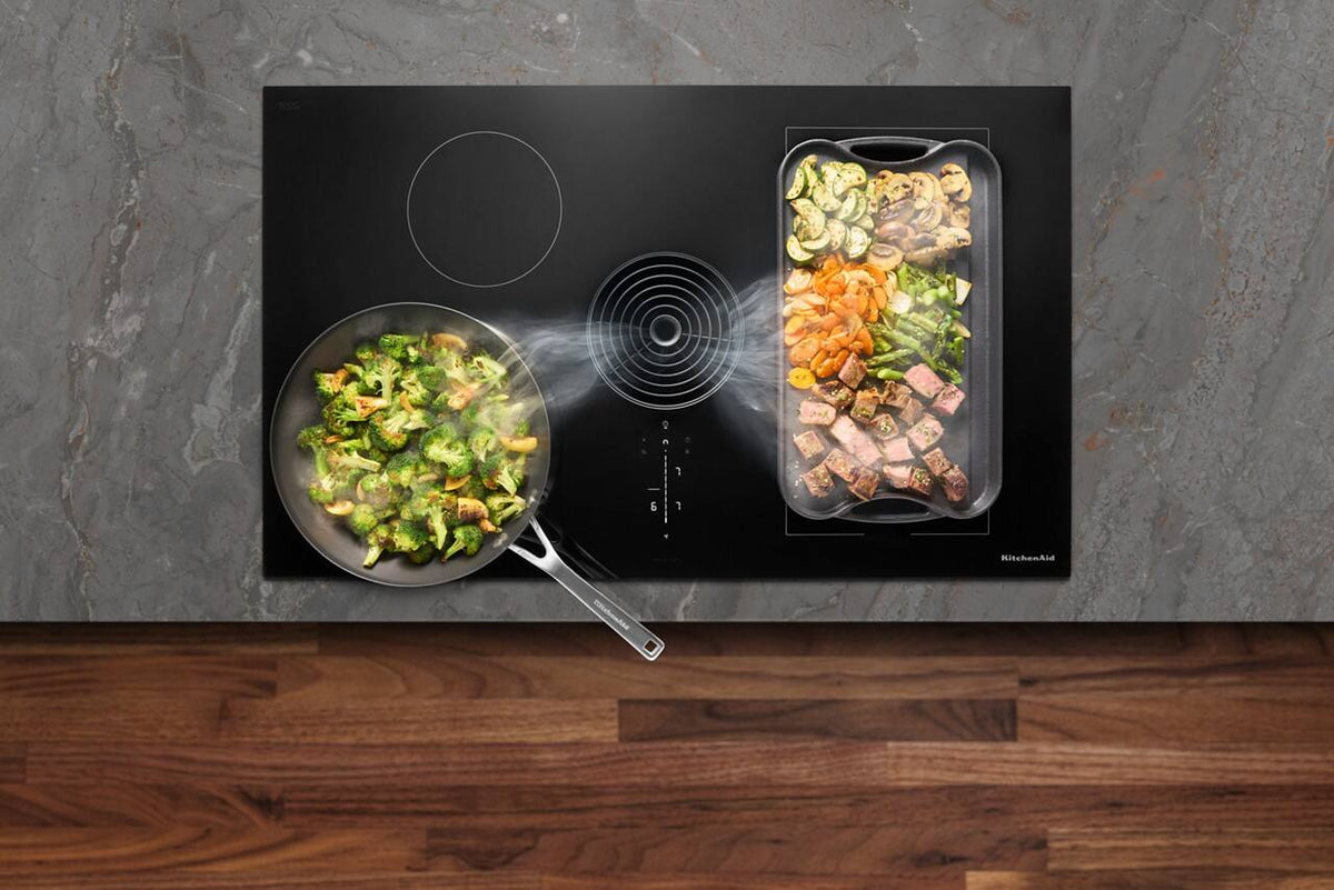 KitchenAid - 36 in. Wide 4 element Built-In Downdraft Electric Induction Cooktop with Bridge XL Even-Heat Zone - Black