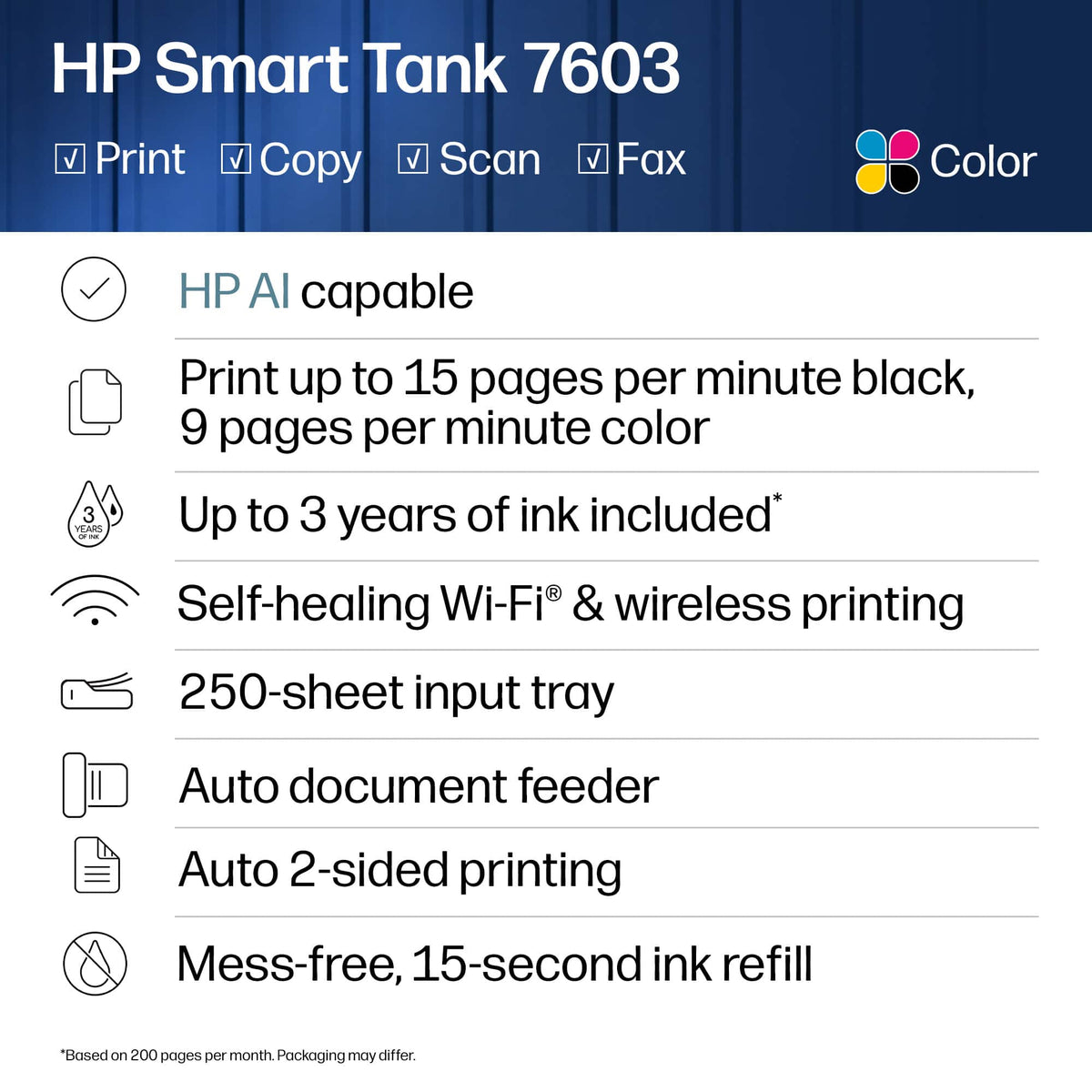 HP - Smart Tank 7603 Wireless All-in-One AI-Enabled Cartridge-Free Supertank Inkjet Printer w/ Fax and 3 Yrs of Ink Included¹ - Basalt