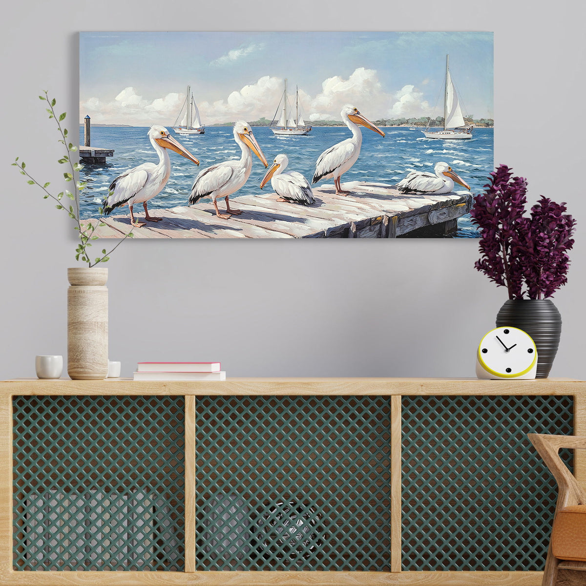 Beach Wall Art Large Ocean Seagull Canvas Pictures For Living Room - Ivory / Navy