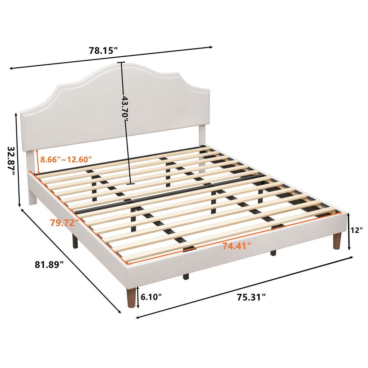 Base de cama tapizada tamaño King con cabecero ajustable, no requiere somier, color blanco