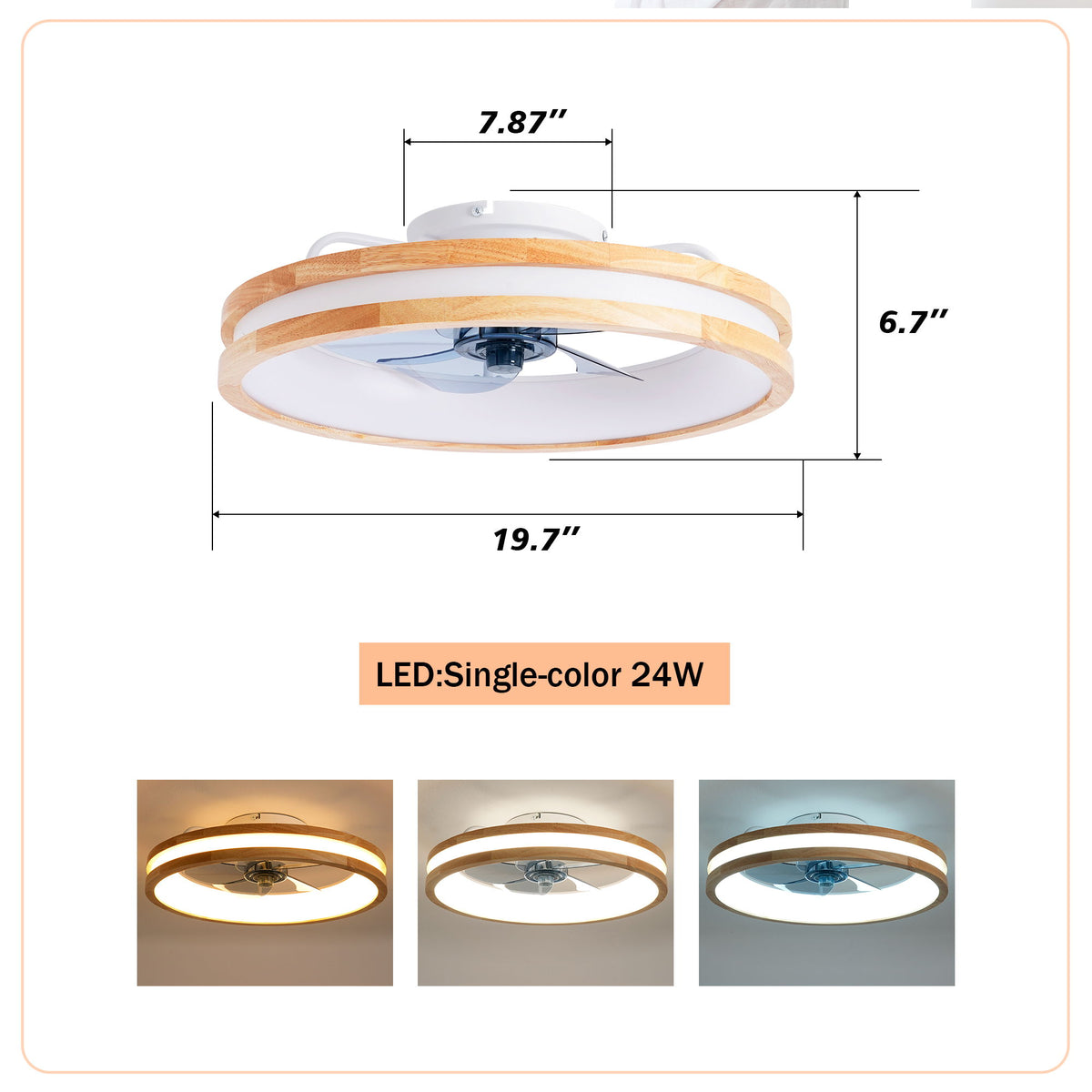 Ventiladores de techo con fuente de luz LED y control remoto, regulables de 3000 a 6500 K, 6 velocidades, motor de CC silencioso para sala de estar - Madera natural / Blanco