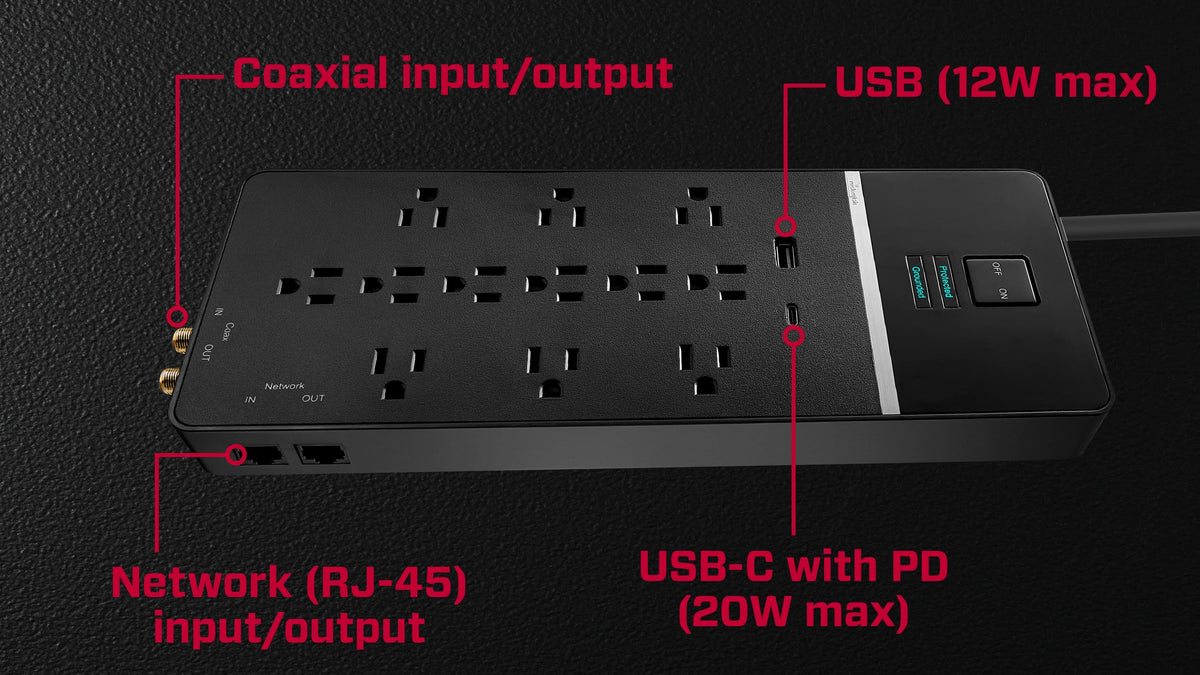 Rocketfish™ - 12-Outlet Strip/1-USB-C/1-USB 4,680 Joules Surge Protector - Black