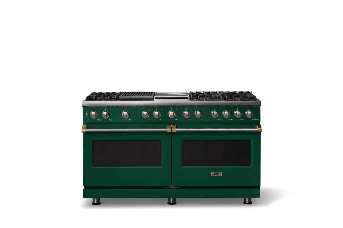 Viking - 60"W. 8 Burner Pro 5 Series 9.4 Cu. Ft. Freestanding Sealed LP Dual Fuel ConvectionRange with Brushed Brass Trim - Ivy