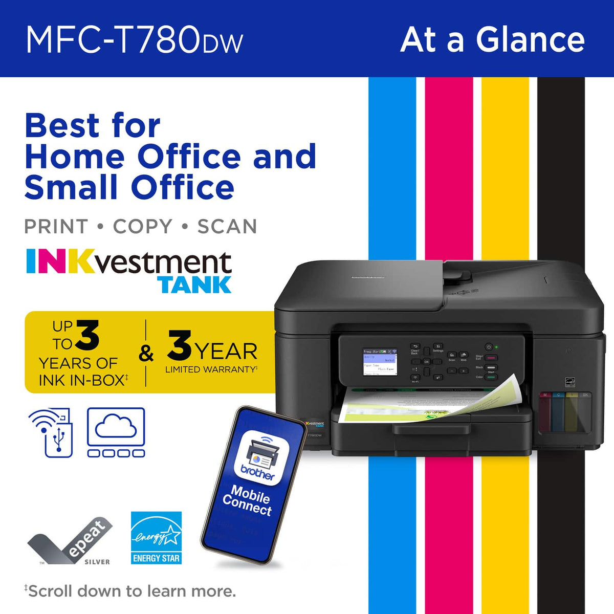 Brother - INKvestment Tank 780 Wireless All-in-One SuperTank Inkjet Printer, up to 3 Years of Ink + 3 Year Warranty (MFCT780DW) - Black