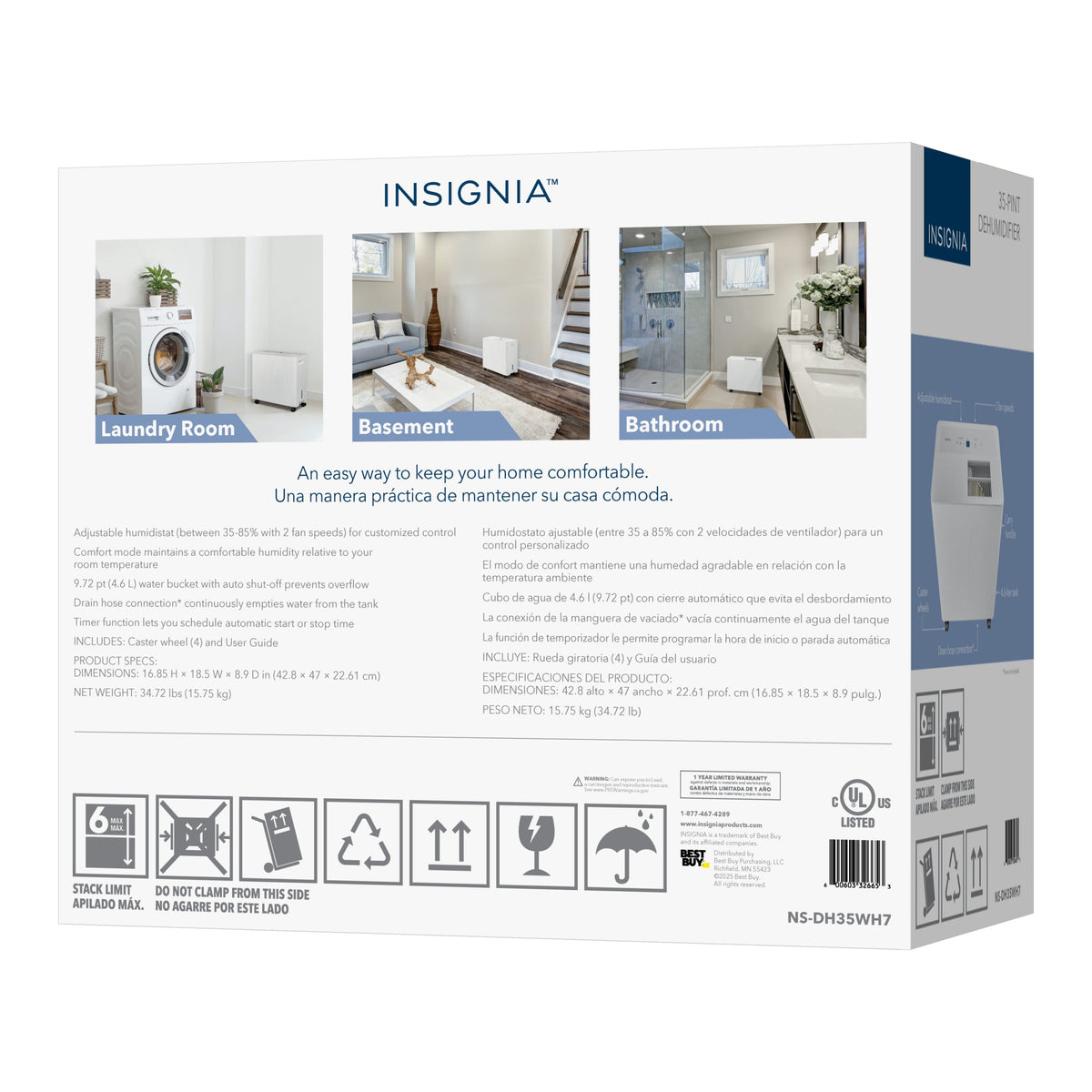 Insignia™ - 2,000 Sq. Ft. 35-Pint Portable Dehumidifier with 4.86 qt Bucket Capacity and ENERGY STAR Certification - White