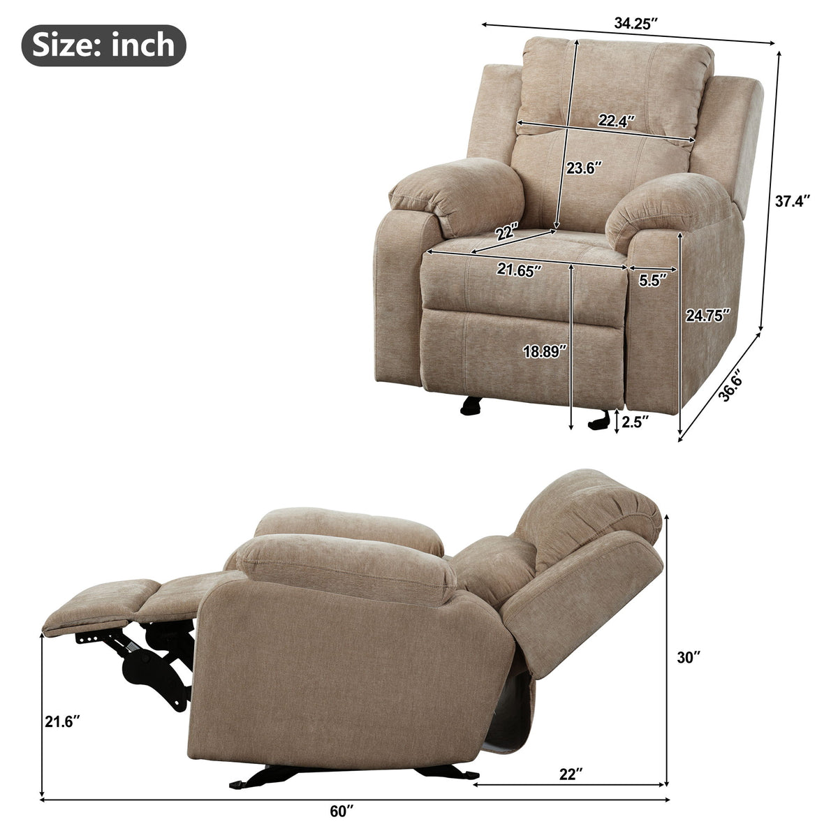 Sillón reclinable manual tapizado con 3 posiciones de respaldo ajustables