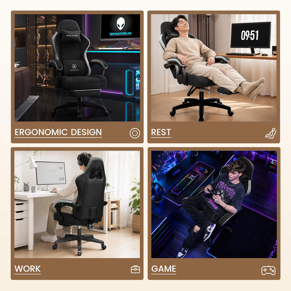 GTPlayer - Ergonomic Gaming Chair with Breathable Fabric - Black