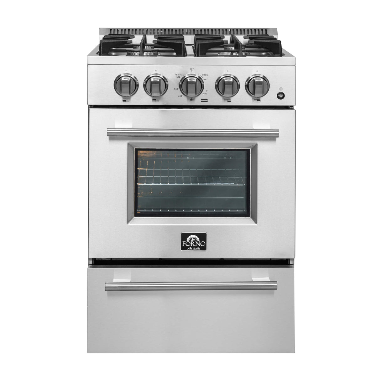 Forno Appliances - 24 in. Wide 4 burner Breno Alta Qualita 2.3 Cu. Ft. Freestanding Gas Range with Steam Clean and LP Conversion Kit - Silver