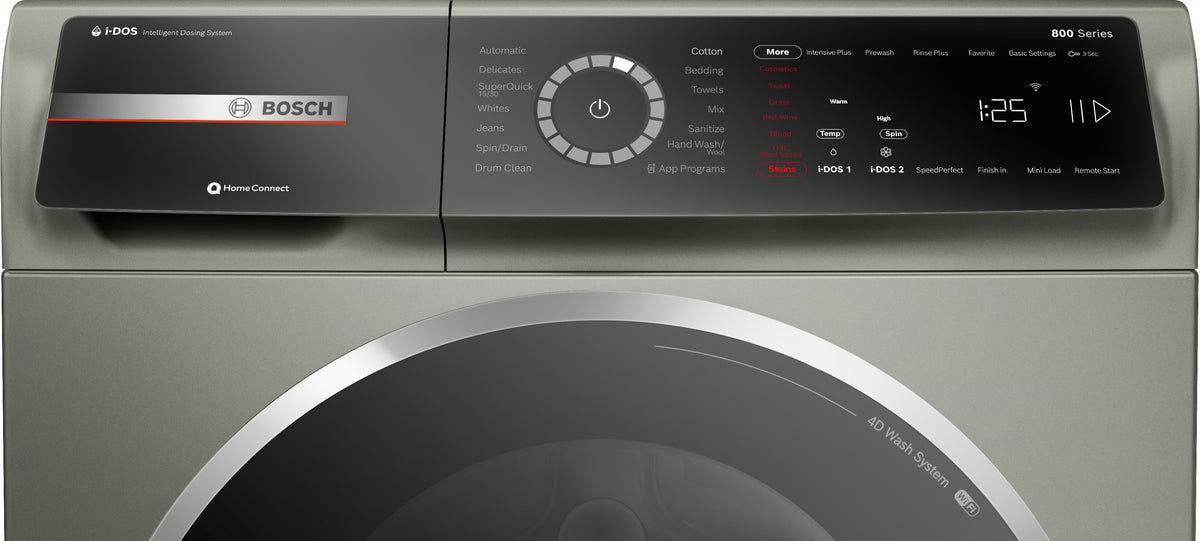 Bosch - 800 Series 2.4 Cu. Ft. High-Efficiency Stackable Smart Front Load Washer with Steam and 4D Wash System - Pearl steel