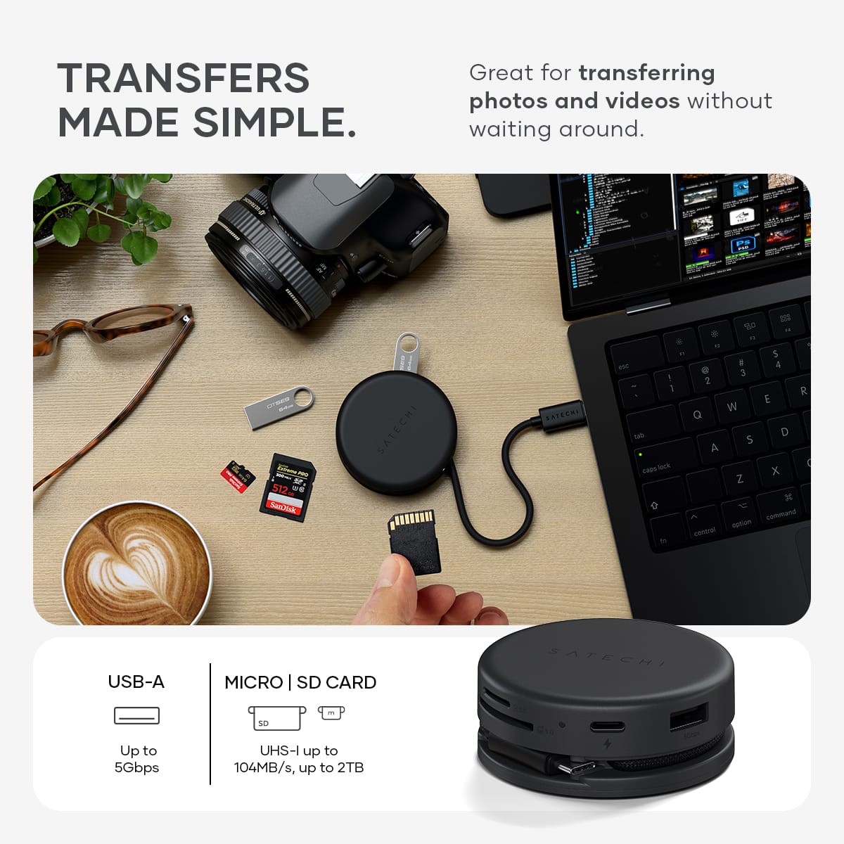 Satechi - OntheGo 7-in-1 USB-C Hub, 100W PD, HDMI 4K/60Hz, Ethernet, SD/microSD, for Mac & Windows - Space Black