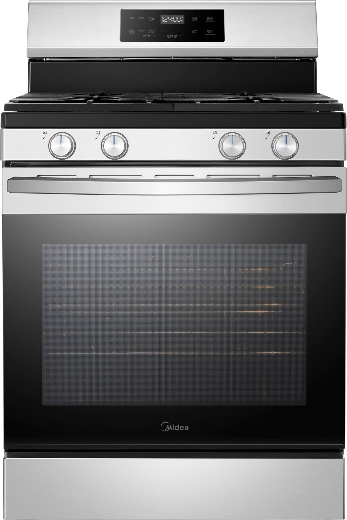 Midea - 6.1 cu. ft. 4-Burner 30" Freestanding Gas Range with Steam Clean, Weighted Control Knobs - Stainless Steel