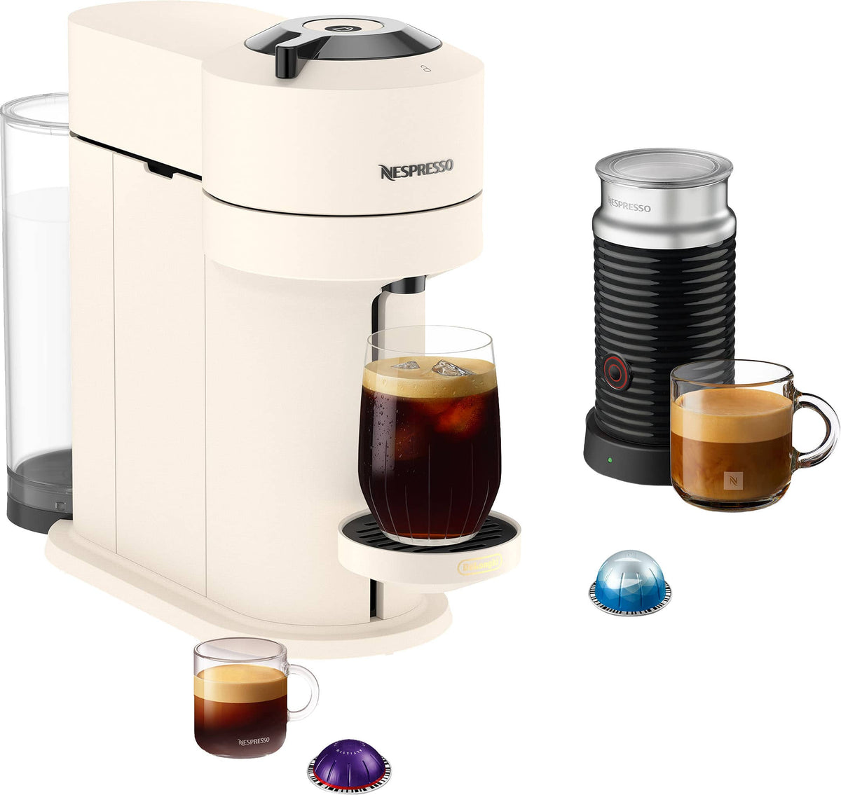 Nespresso - Vertuo Next Premium Coffee and Espresso Maker by Breville with Aeroccino Milk Frother, Dark Chrome - Creamy White