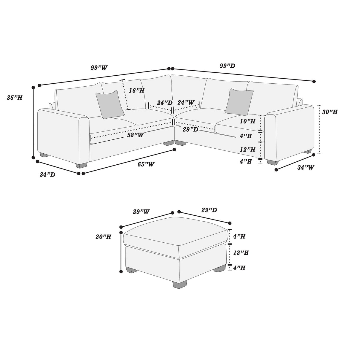 Conjunto de sofá seccional en forma de L de estilo moderno con otomana