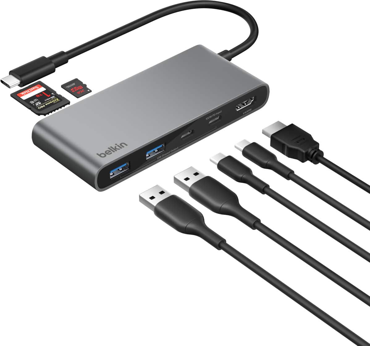 Belkin - 7-Port Hub w/ 4K HDMI Display @ 60Hz, 100W Power Delivery, Fast Data Transfer 5Gbps, USB-C Multiport Adapter - Space Gray