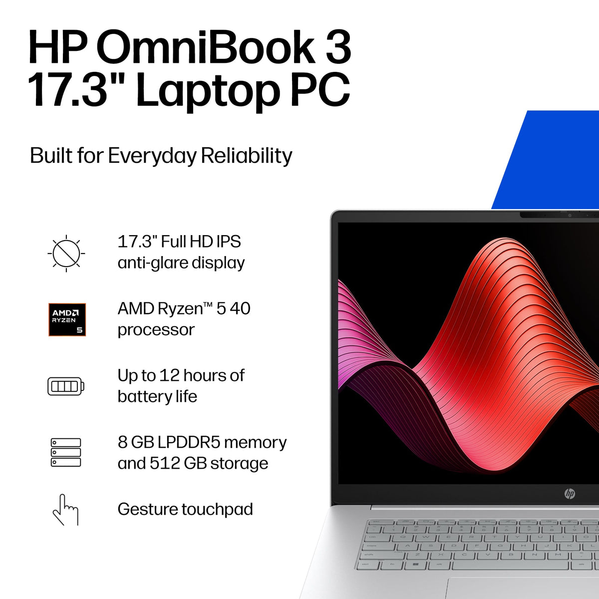 HP - OmniBook 3 - 17.3" Full HD Laptop - AMD Ryzen 5 40 (2025) - 8GB Memory - 512GB SSD - Glacier Silver