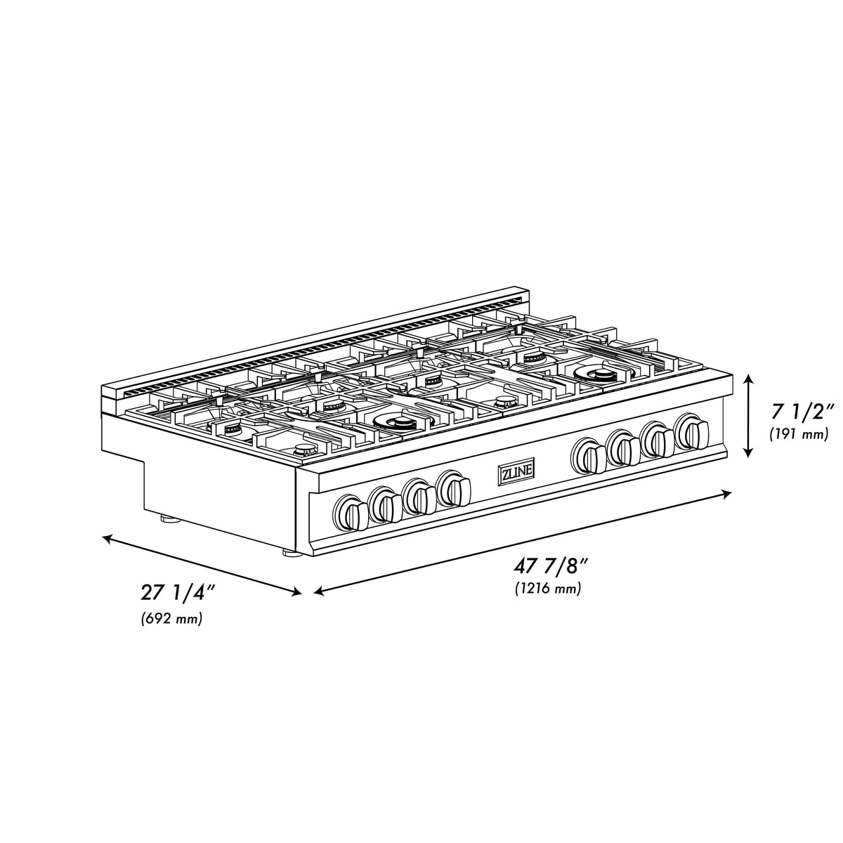 ZLINE - Autograph 48 in. Slide-In Classic Rangetop w/ 8 Burners in Black Stainless Steel & Gold Accents - Black Stainless Steel
