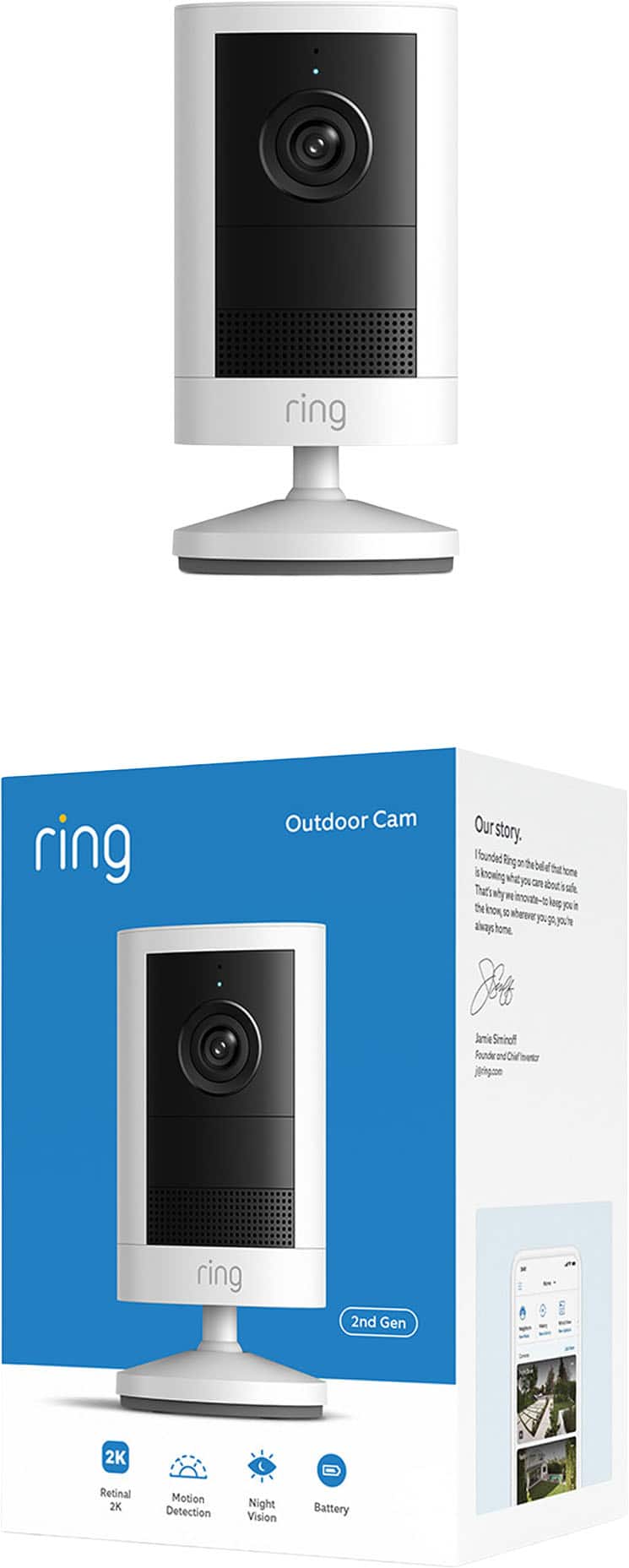 Ring - Outdoor Cam 2K, Battery - Wide-Angle Retinal 2K Video, 6x Enhanced Zoom, Night Vision (2 pack) - White/Black