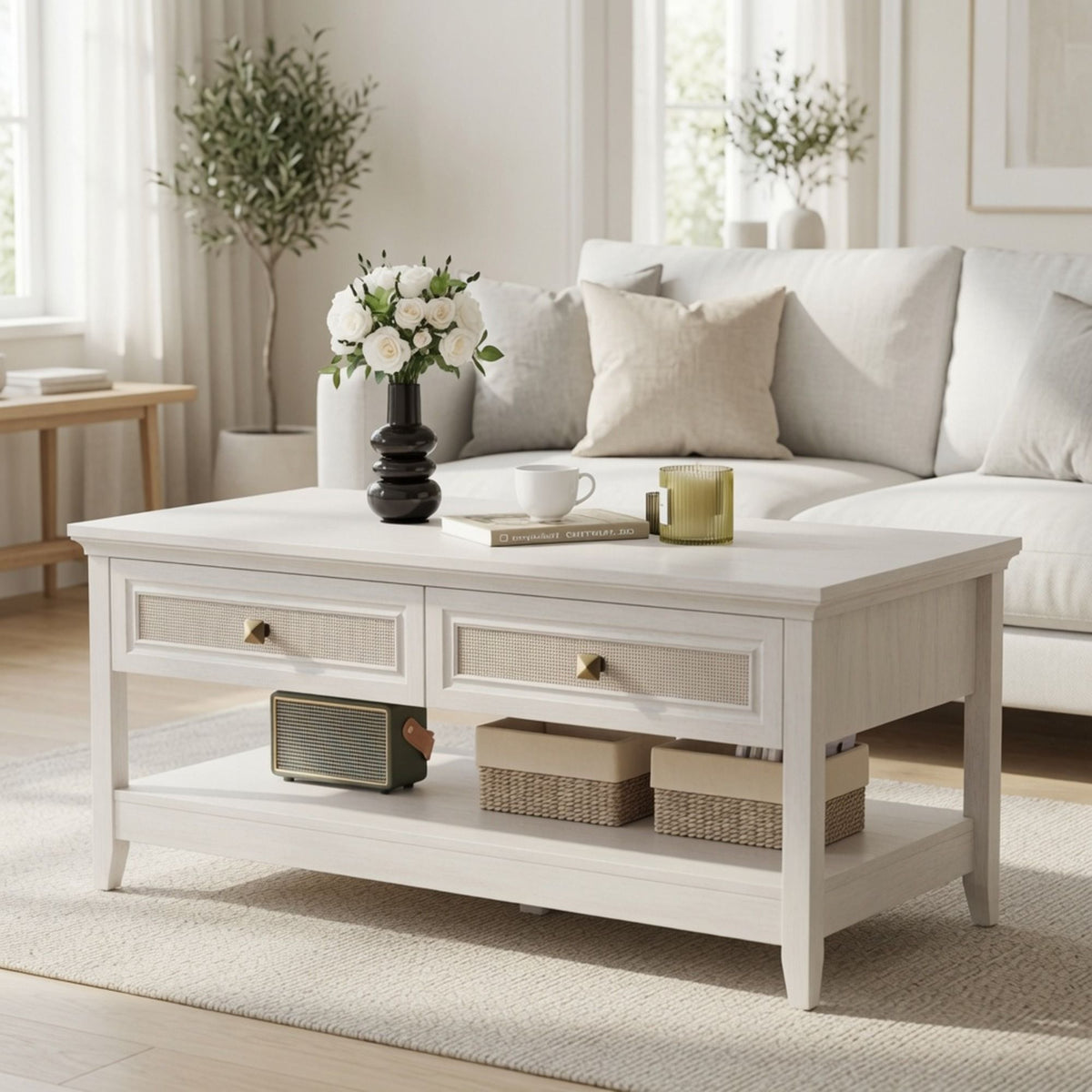 Mesa de centro con cajones y estante de almacenamiento - Blanco