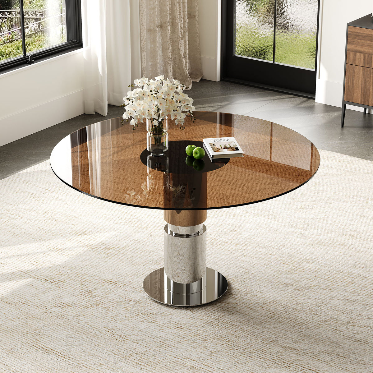 Mesa de comedor redonda / Tapa de vidrio templado - Marrón