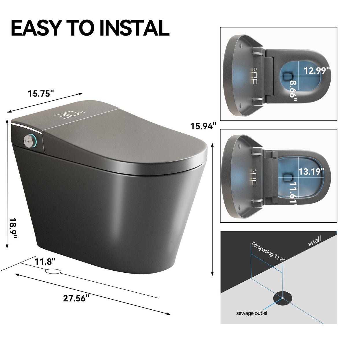 Inodoro inteligente con bidé con asiento de apertura/cierre automático, lavado con agua tibia, asiento con calefacción y control remoto inalámbrico