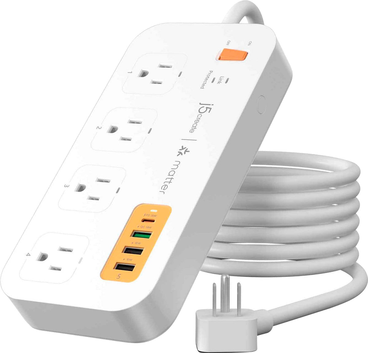 j5create - 4-Outlet/3-USB-A/1-USB-C 500J Smart Matter Enabled Surge Protector Power Strip - White & Orange