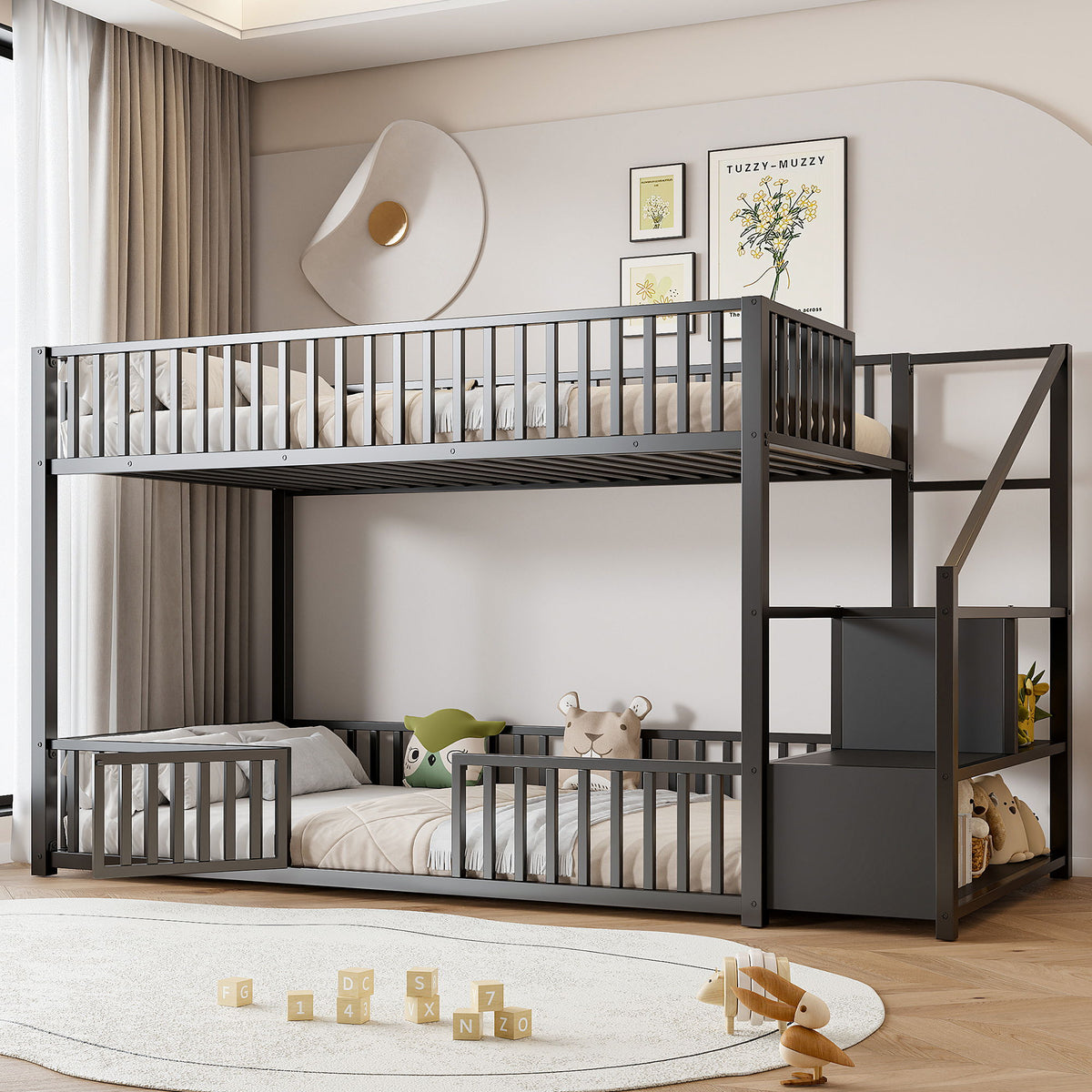 Litera con escalera de almacenamiento, diseño compacto