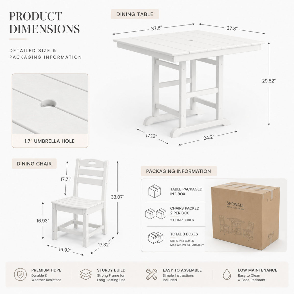 Juego de comedor para patio exterior, mesa cuadrada con orificio para sombrilla y sillas sin brazos