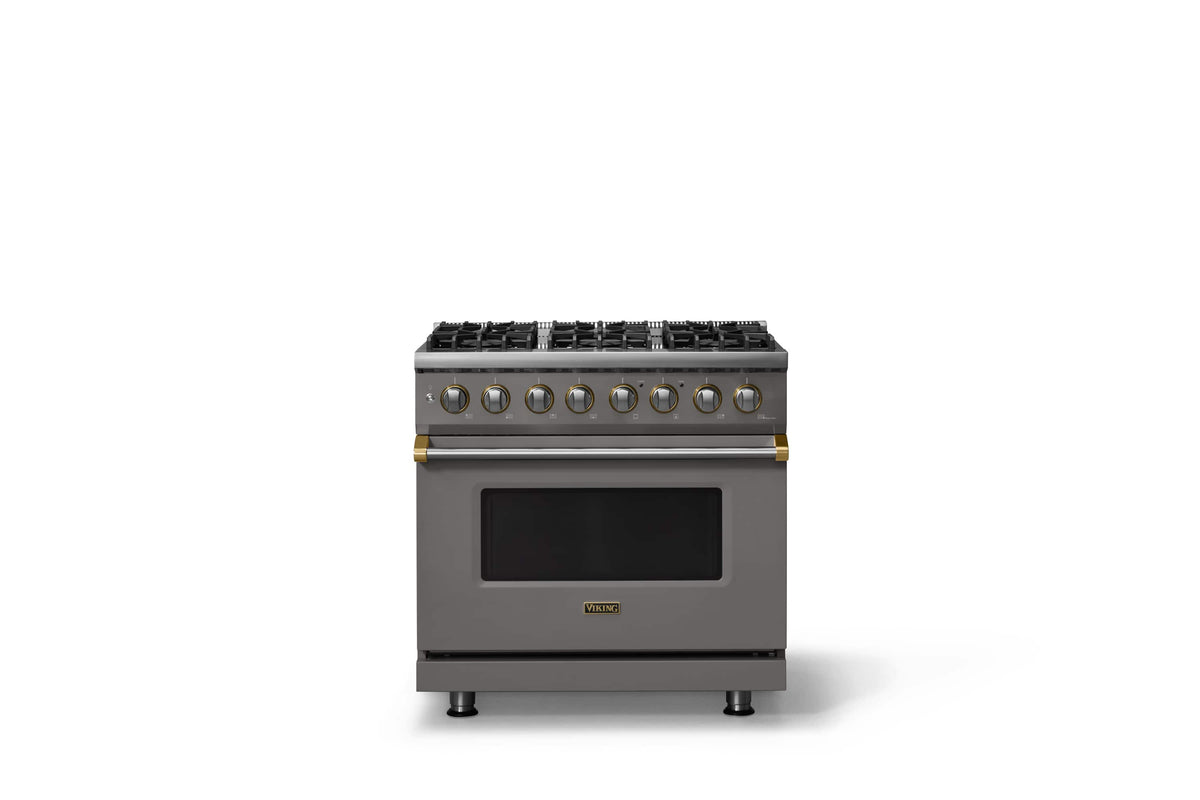 Viking - 36 in. Wide 6 Burner Pro 5 Series 5.6 Cu. Ft. Freestanding Sealed LP DF Convection Range with Brushed Brass Trim - Damascus Gray
