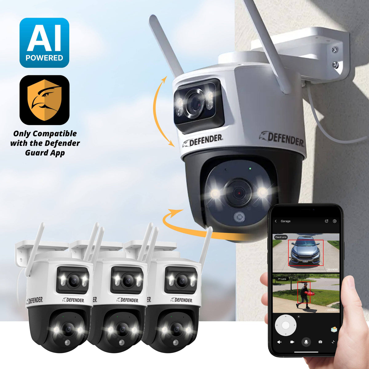 Defender - AI POWERED Guard Pro 3K PLUS Dual Lens PTZ Wi-Fi 6 Plug-in Security Camera - 3 Pack - White