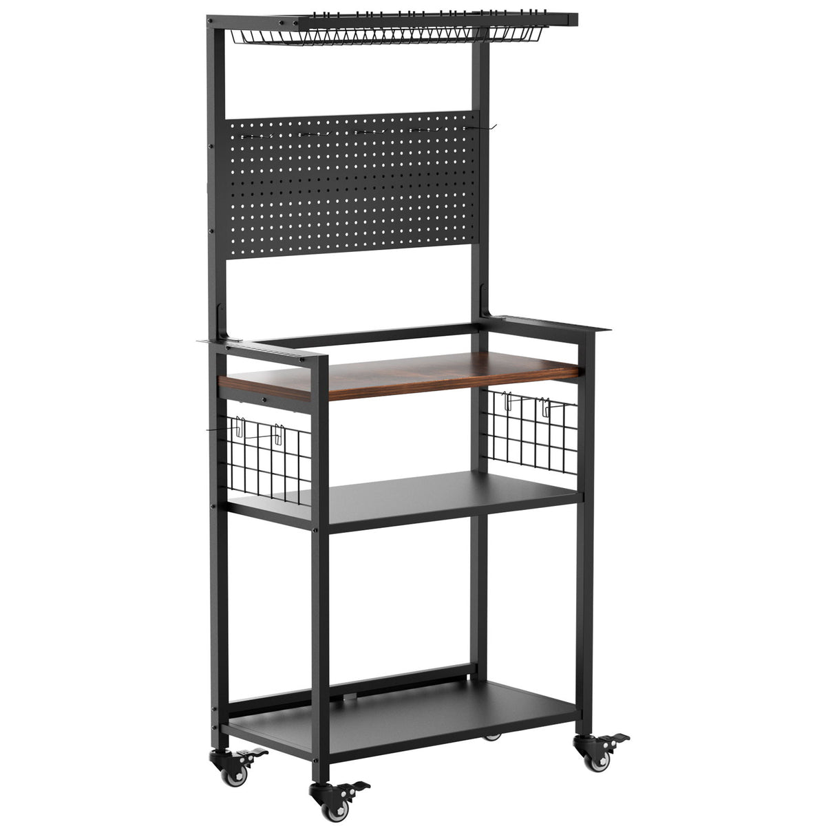 Estante para cañas de pescar con panel perforado, carrito organizador de aparejos rodante - Negro