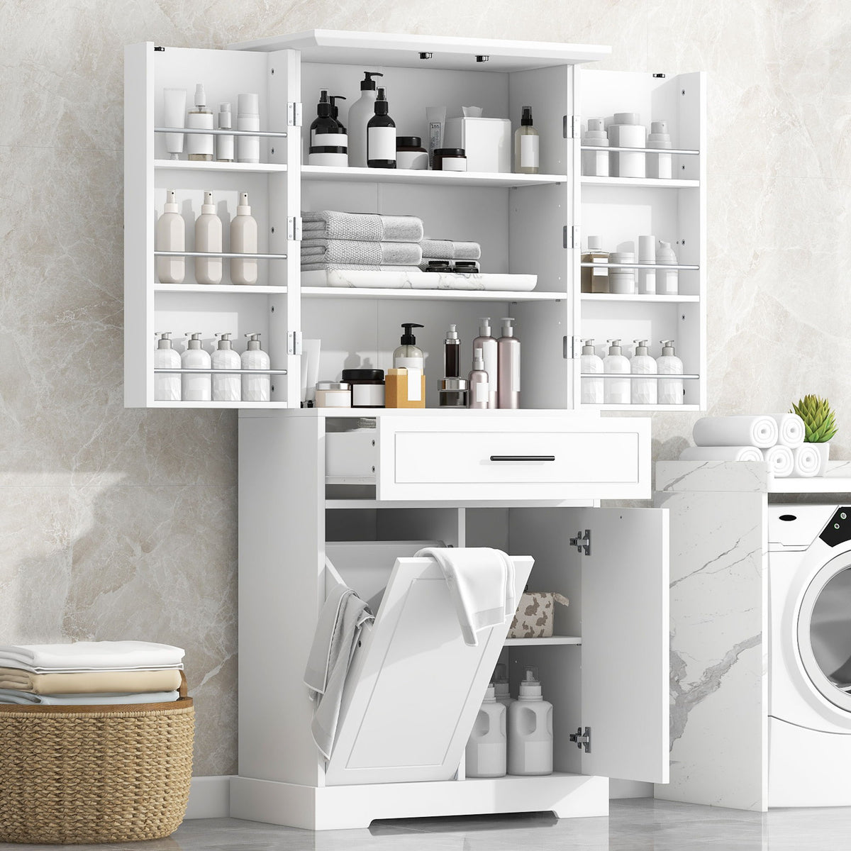 Gabinete de almacenamiento de baño independiente con puertas, cajones y cesto para ropa extraíble - Blanco