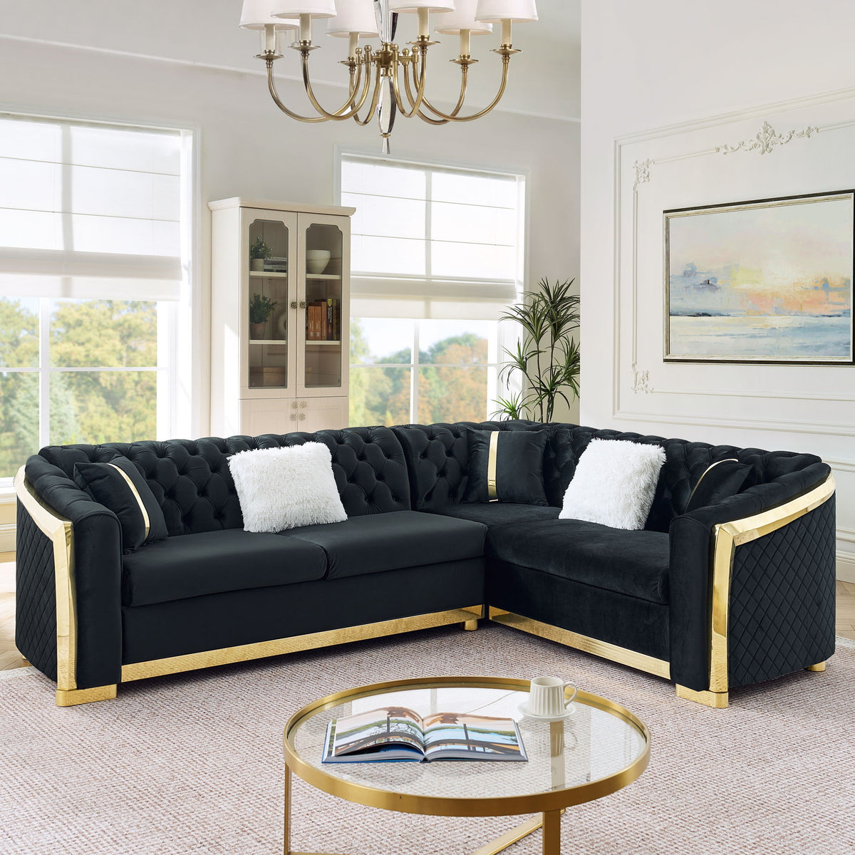 L Shaped Chesterfield Sectional Sofa With Stainless Steel Accents